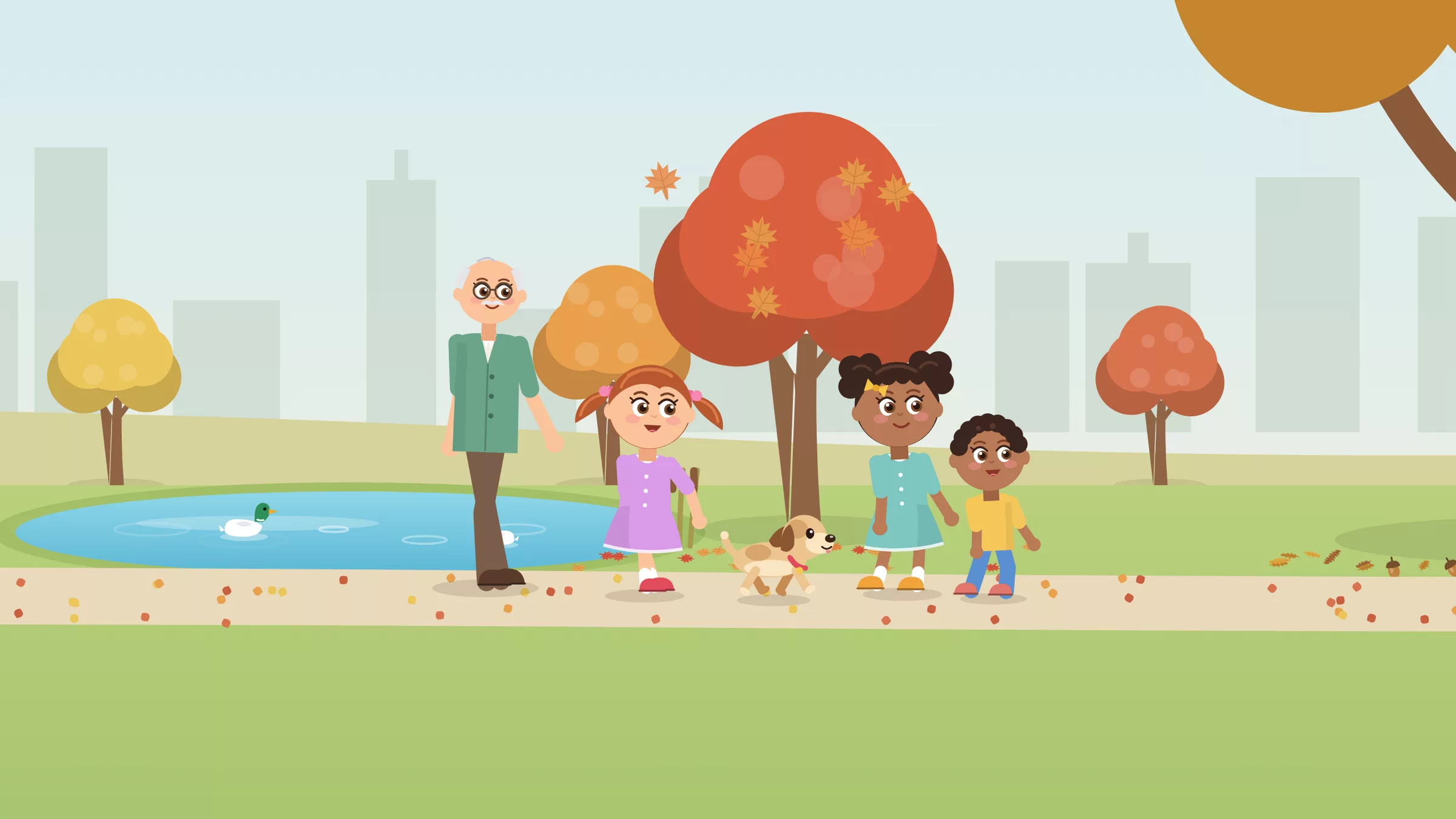 Grandpa, Lily, her puppy Biscuit, Mia and little Leo walking along an autumn path in the park, past a pond with ducks.